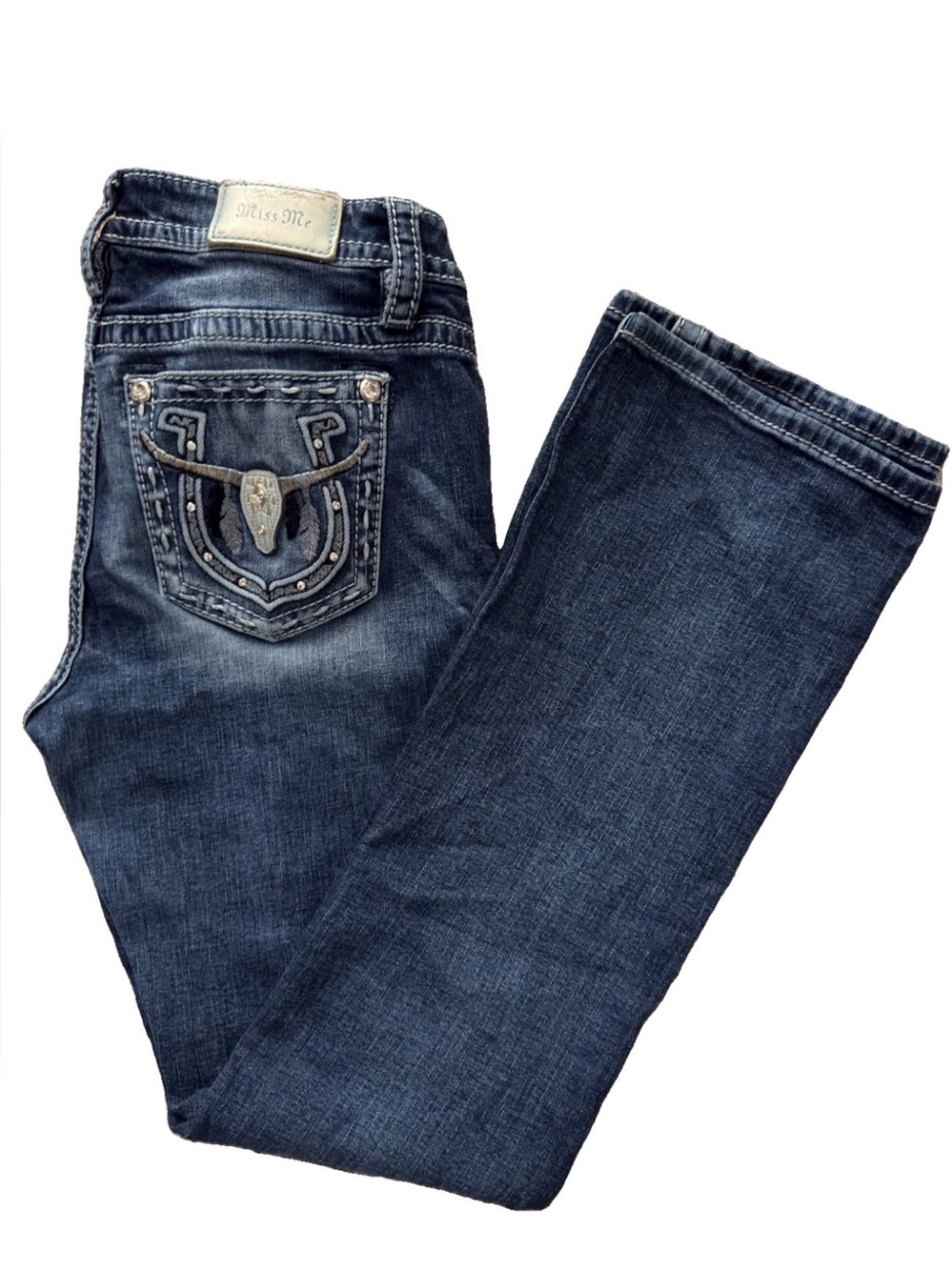 Miss Me Bootcut Jeans Women 29/32 Dark Wash Longhorn Skull Horseshoe Rhinestone